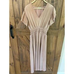 Chenault Rose Gold Metallic Pleated Midi Dress Flutter Sleeve Smocked Waist M